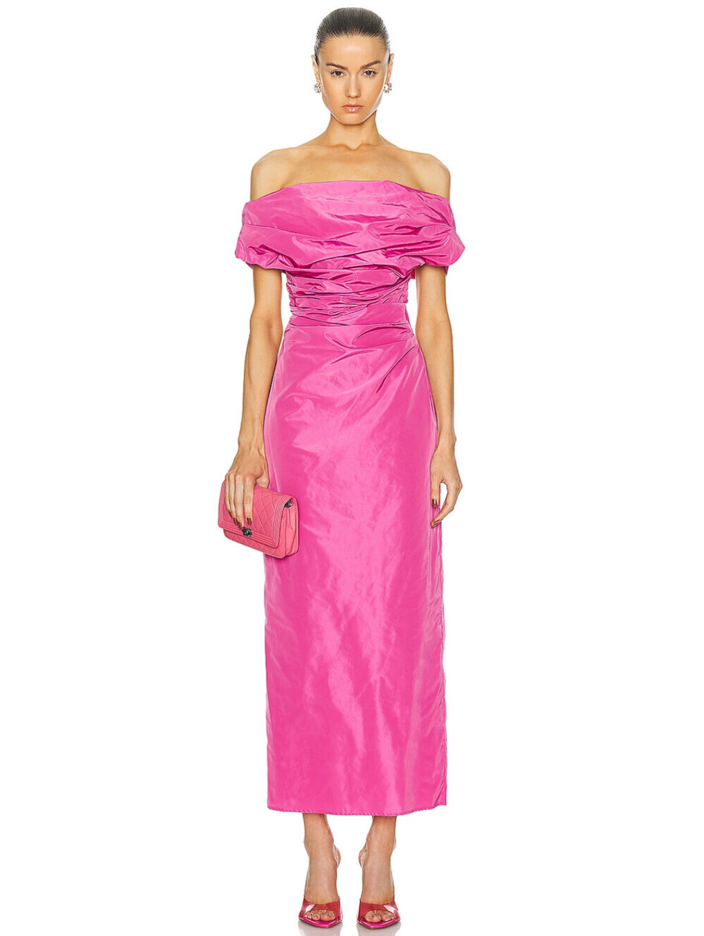 NWT $600 STAUD Andrea Dress Pink Off‑Shoulder Taffeta Midi Gown Dress 00/XXS